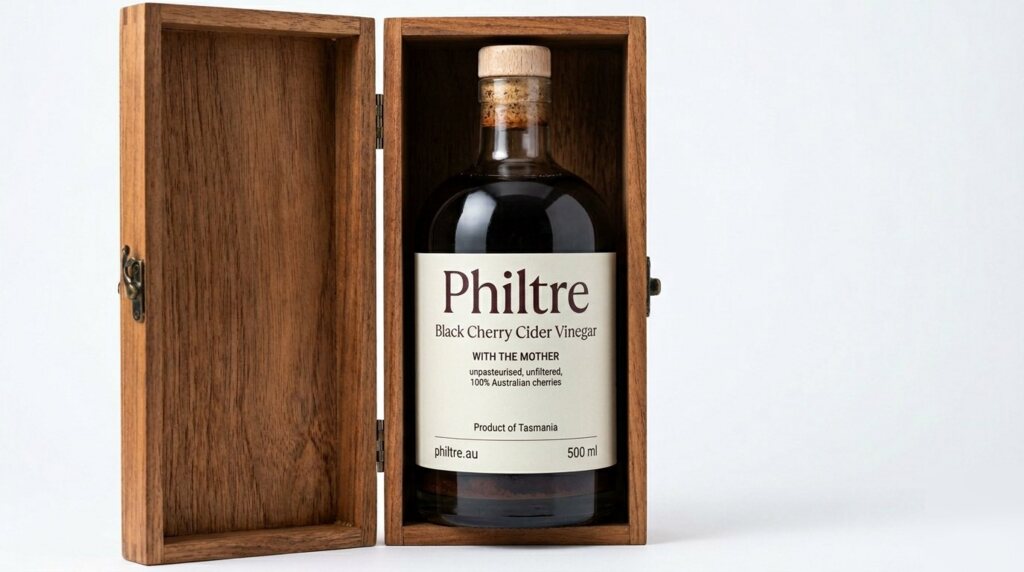 Philtre Black Cherry Cider Vinegar in handcrafted timber case